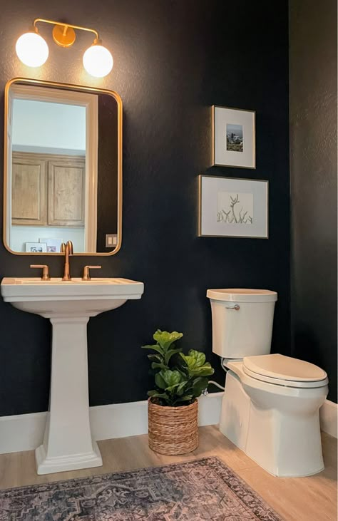 Powder Room With Pedestal Sink And Wallpaper, Black Powder Bathroom Ideas, Paint Half Bathroom, Black And Gold Half Bathroom, Half Bathroom Lighting, Half Bathroom Vanity Ideas, Black And White Half Bath, Half Bathroom Vanity, Powder Room Ideas Pedestal Sink