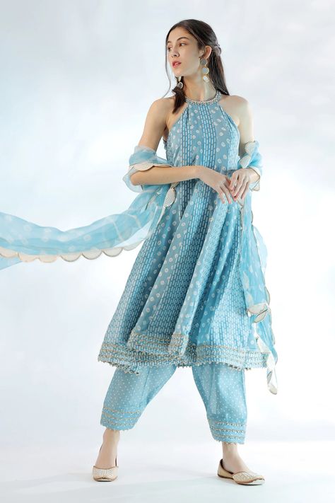 Buy Mehak Talreja Couturre Blue Organza Halter Neck Anarkali Set Online | Aza Fashions Halter Neck Punjabi Suit, Halter Neck Suits Indian, Indian Casual Wear Women, Halter Neck Kurti Designs, Halter Neck Anarkali, Halter Neck Kurti, Sleeveless Kurti Designs, Sleeveless Kurti, Indian Fits