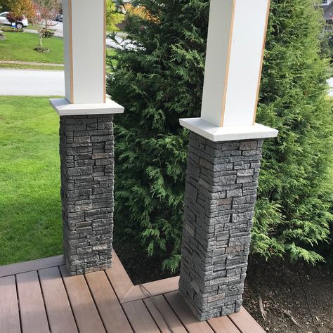 Faux Stone Stacked Stone Pillar Panels Concrete Panels Interior, Faux Stacked Stone, Porch Pillars, Faux Stone Panels, Dark Panels, Porch Columns, Porch Posts, Brick Paneling, Stone Pillars