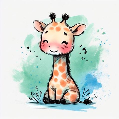 Premium Photo | Cute giraffe on watercolor background Hand drawn vector illustration Cute Girrafe Aesthetic Cartoon, Cute Giraffe Drawing Easy, Girrafe Aesthetic Drawing, Giraffe Drawings, Cute Giraffe Drawing, Animals With Hats, Giraffe Ears, Giraffe Cute, Giraffe Watercolor