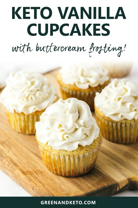 Delicious classic keto vanilla cupcakes with a light texture and a creamy buttercream frosting.  As always, these keto cupcakes are low-carb and gluten-free. #greenandketo #cupcakes #glutenfree #keto #ketorecipes Cheese Videos, Atkins Desserts, Paleo Deserts, Easy Vanilla Cupcakes, Low Carb Cupcakes, Buttercream Frosting For Cupcakes, Vegan Steak, Keto Cupcakes, Pudding Chia