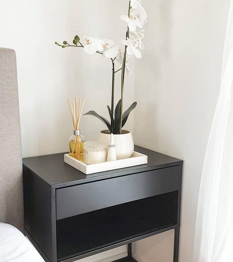 Master Bedrooms Decor Black Headboard, Black Bedside Table Decor, Black Ikea Nightstand, Bedroom Side Table Black, Black Bed Side Table Ideas, Black Nightstand Decor Ideas, Mens Bedside Table Styling, Black Night Stand Decor, Modern Minimalist Nightstand