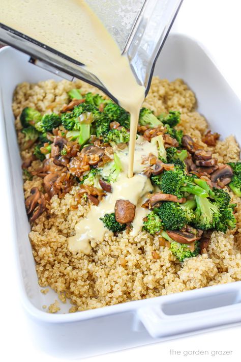 Healthy Broccoli Quinoa Casserole (Vegan) - The Garden Grazer Quinoa And Broccoli Recipes, Quinoa Broccoli Casserole, Vegan Quinoa Casserole Recipes, Broccoli Casserole Vegan, Chicken Broccoli Quinoa Casserole, Brocolli Quinoa Recipes, Vegan Broccoli Quinoa Casserole, Cheesy Broccoli Quinoa, Broccoli Quinoa Casserole