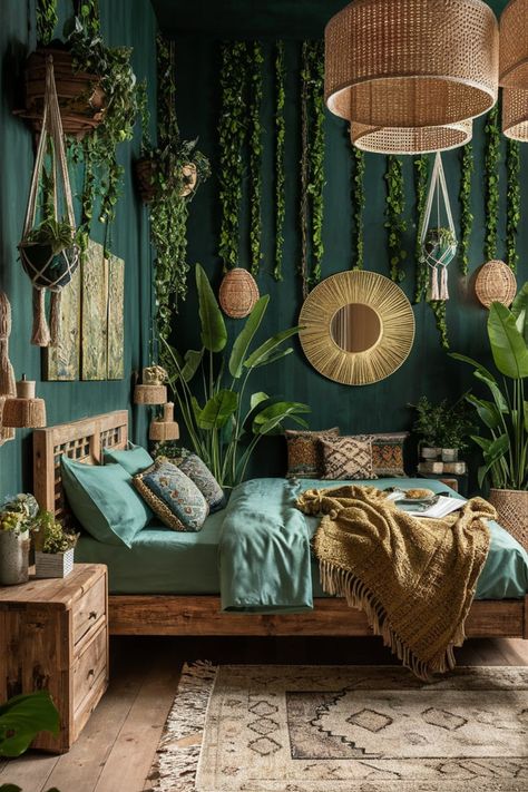 Blend modern elegance with a jungle retreat vibe using cascading plants, deep greens, and natural wood tones. Golden hues in the bedding and oversized rattan lighting complete this chic boho aesthetic. #JungleRetreatBedroom #ModernBohoDecor #GreenBedroomIdeas #NatureInspiredDesign #BohoJungleAesthetic #RattanDecor #LushGreenInteriors #TropicalBedroomVibes #GoldenHues #UrbanJungleStyle Dark Green Bohemian Bedroom, Afro Centric Boho Bedroom, Rainforest Themed Room, Island Theme Room, Jungle Themed Bedroom Adult, Jungle Theme Bedroom For Adults, Boho Jungle Bedroom, Jungle Theme Bedroom, Urban Jungle Bedroom