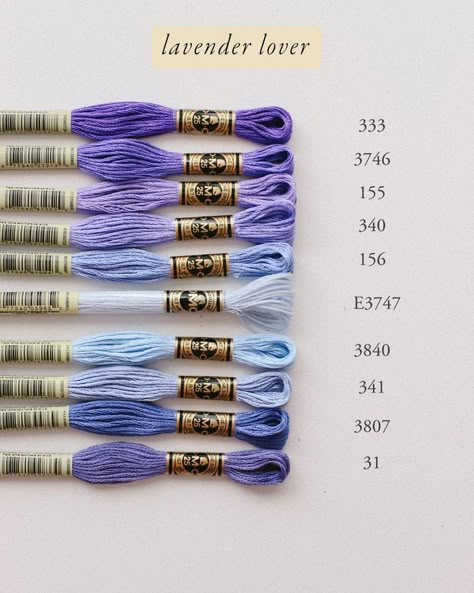 This month’s thread club palette is for the purple lovers!!! We’ve got all different shades from the pink purples to the blue purples so we named it ‘Lavender Lover’!!! Dmc Floss Chart, Dmc Palette, Cross Stitch Floss, Embroidery Lessons, Cross Stitch Thread, Dmc Embroidery, Types Of Stitches, Dmc Embroidery Floss, Thread Bracelets