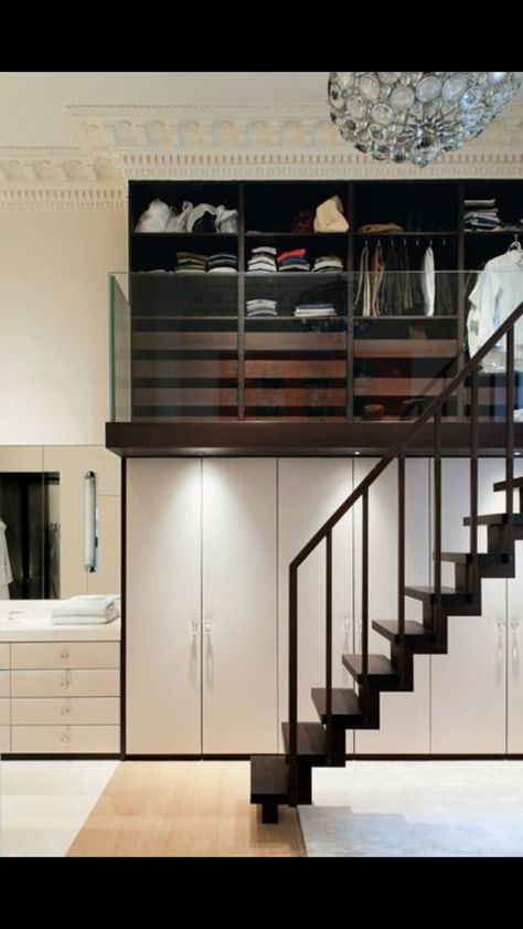 Dressing area on mezzanine level with glass balustrade Mezzanine Closet, Mezzanine Bedroom, Contemporary Closet, Dressing Room Closet, Interior Design London, London Houses, Walking Closet, Design Publication, Sliding Wardrobe Doors