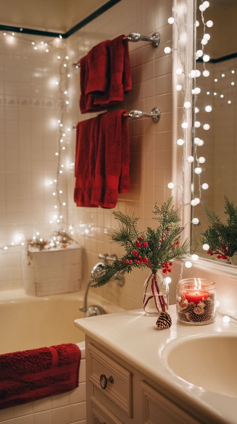 Bring Christmas spirit to every corner of your home with these festive bathroom decor ideas. Perfect for creating a seasonal vibe! #ChristmasDecor #HolidayBathroom #FestiveHome Bathroom Decorated For Christmas, Christmas Decor In Bathroom, Christmas In Apartment, Small Bathroom Christmas Decor, Christmas Restroom Decor, Christmas Corner Decorations, Apartment Holiday Decorating, Christmas Bathroom Decor Small Spaces, Christmas Decor For Bathroom