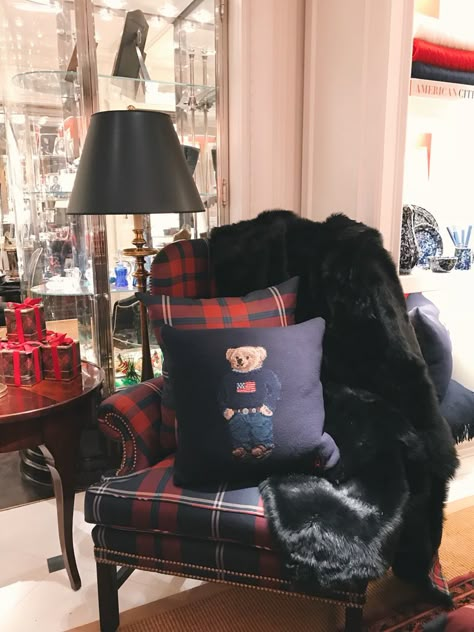 The Ralph Lauren Mansion | Holiday Windows & Decor - Lauren Nelson Polo Ralph Lauren Home Decor, Ralph Lauren Home Living Room English Equestrian Style, Ralph Lauren Showroom, Tartan Armchair, Ralph Lauren Home Living Room English, Ralph Lauren Christmas Decor, Ralph Lauren Room, Ralph Lauren Cabin, Ralph Lauren Home Living Room