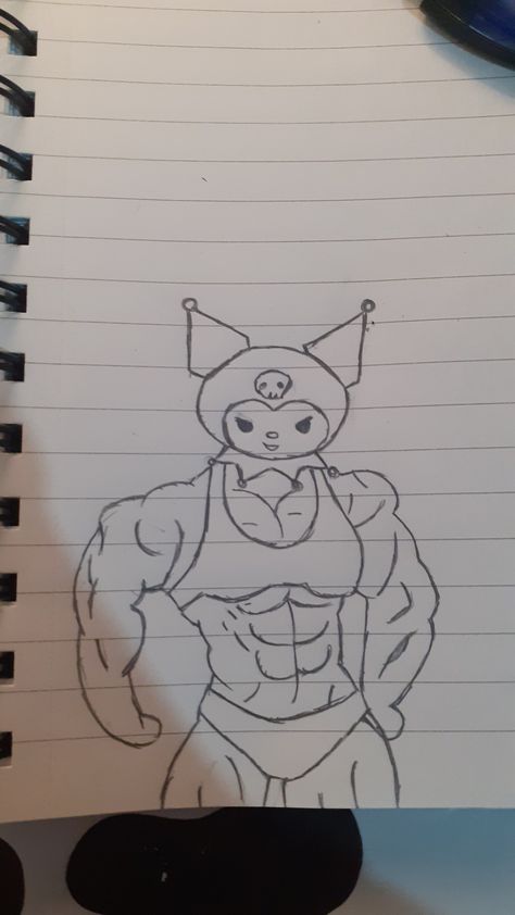 Kuromi Muscle, Easy Sketchbook Drawings, Kuromi Doodle, Kuromi Sketch, Sanrio Characters Drawing, Hello Kitty Muscle, Sanrio Sketch, Gym Sketch, Muscle Sketch