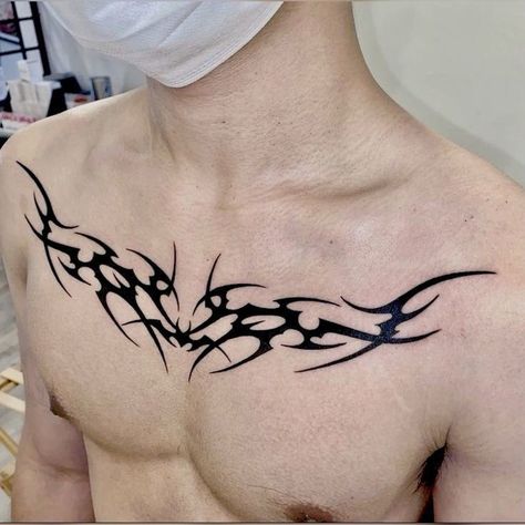 Chest Cybersigilism Tattoo, Chest Man Tattoo, Male Sternum Tattoo, Incubus Tattoo Male, Mens Full Chest Tattoo, Y3k Tattoo, Cybersigilism Chest Tattoo, Grunge Tattoo Men, Ideas Tatuajes Hombre