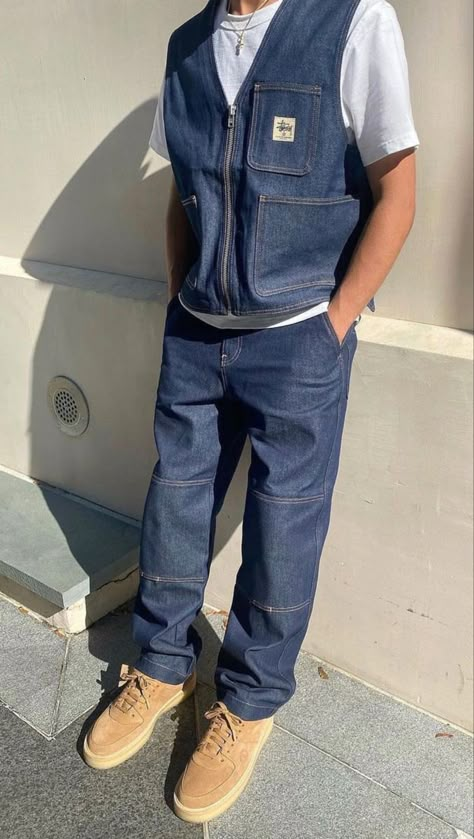 Mens Vest Streetwear, Street Wear Vest Outfits Men, Vintage Denim Outfits Men, Jeans Vest Outfit Men, Jean Vest Outfits Men, Vest Denim Outfit, Men’s Vest, Men’s Vest Outfit, Denim Vest Outfit Men