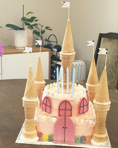 Princess Birthday Breakfast, How To Make A Princess Cake, Castle Princess Cake, 3 Year Birthday Ideas, Simple Princess Birthday Cake, Princess Castle Birthday Party, Homemade Princess Cake, Rainbow Castle Cake, Princess Cake Aesthetic