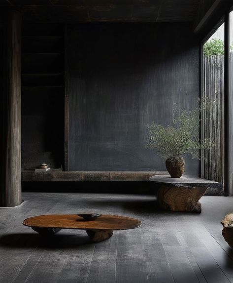 Dark Wood Japanese Interior, Modern Japanese Aesthetic, Dark Moody Home Aesthetic, Black On Black Interior, Wabi Sabi Exterior, Japandi Black, Alpine Interior, Wabi Sabi Apartment, Wabi Sabi Interior Design