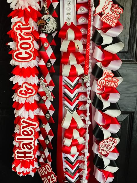 Homecoming Ribbon Braids Diy, Red And White Homecoming Mums, Red Black And White Mum Ideas, Red White And Black Homecoming Mums, Senior Mum And Garter, Garters Homecoming For Guys, Homecoming Mums Ideas Unique, Homecoming Mum Ideas, Homecoming Sash