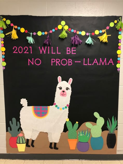 Spanish Winter Bulletin Board Ideas, Peru Bulletin Board, Llama Door Decorations Classroom, Llama Bulletin Board Ideas, Cactus Bulletin Board Ideas, Christmas Bulletin Boards For School, Spanish Bulletin Board Ideas, Llama Bulletin Board, Llama Classroom Theme