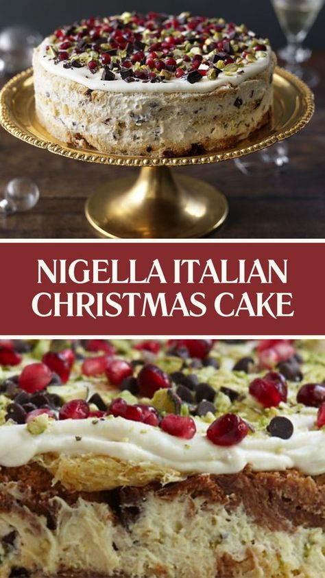 Nigella Italian Christmas Cake recipe is made with panettone, tuaca liqueur, eggs, sugar, mascarpone cheese, double cream, marsala, marrons glacés, chocolate chips, pistachios, and pomegranate seeds this recipe takes 30 minutes to prepare and serves 12 people. Nigella Christmas Cake, Nigella Christmas Recipes, Nantucket Cake, Christmas Tea Desserts, Xmas Desert Ideas, Xmas Cakes Ideas, Christmas Dessert Cakes, Simple Christmas Desserts Recipes, Christmas Vintage Cake