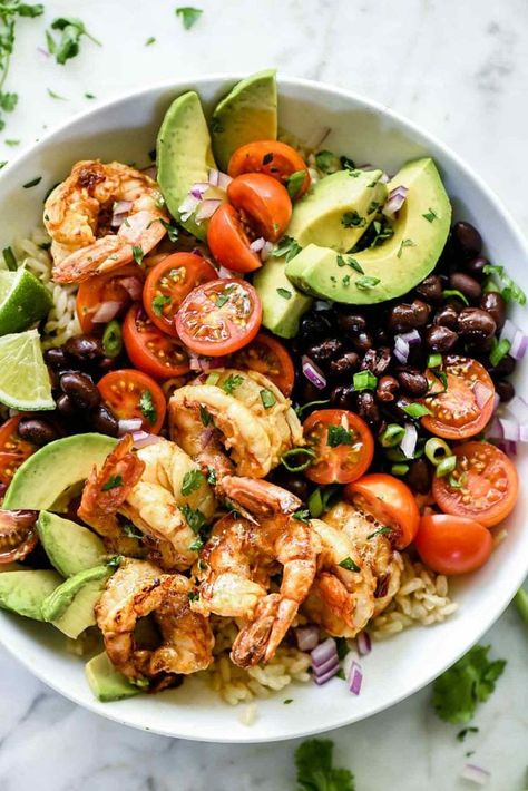 Chipotle Lime Shrimp Bowls (Easy Shrimp Recipe!) | foodiecrush.com Chili Lime Shrimp Bowl, Lime Shrimp Bowl, Black Bean Shrimp, Chipotle Lime Shrimp, Shrimp Bowls, Shrimp Bowl, Adobe Sauce, Chipotle Shrimp, Chipotle Bowl