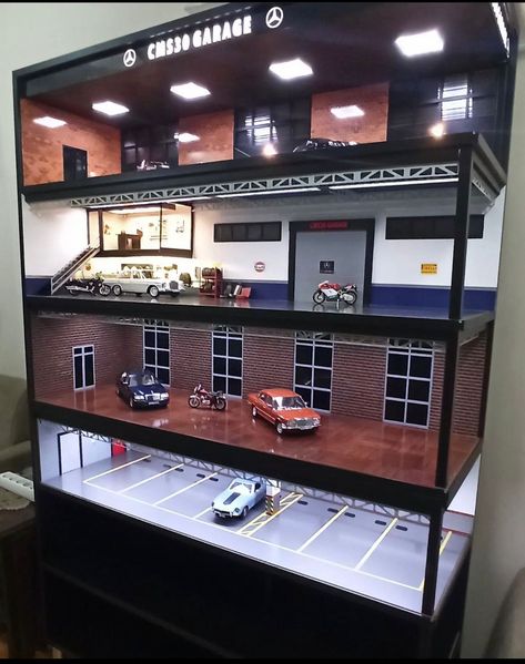 Hot Wheel Parking Garage Diy, Toy Car Garage Ideas, Diecast Display Ideas, Diy Diorama Ideas, Hotwheels Display Ideas Cases, 1/64 Scale Diorama, Diorama Garage 1/64, Hotwheels Display Ideas, Model Car Display Ideas