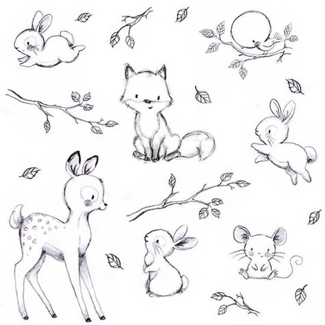 Easy Animal Drawings, Baby Animal Drawings, Drawings Of Animals, Art Mignon, Cute Sketches, Tiny Tattoo, Baby Drawing, Pola Sulam, Kawaii Animals