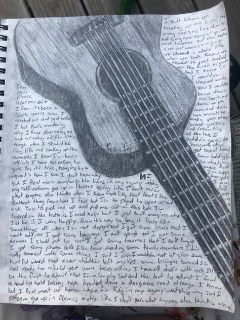 Inspired by the new album from NF The lyrics here are from HAPPY and GONE ft Julia Michaels Both songs hit super close to home for me and are definitely maybe kinda on repeat 24/7 😂 (Also this is definitely my first time drawing a guitar 💀😂) #guitar #art #music #fanart #lyrics #smallartist #newmusic #realmusic Lyric Drawing Ideas, Song Sketch Lyric Art, Drawing With Lyrics, Concert Drawing, Blank Space Lyrics, Lyrics Drawing, Changes Lyrics, Nf Hope, Lyric Drawings