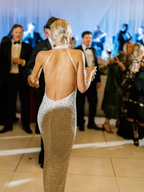 Second Look For Wedding, White Sparkle Long Dress, Sparkly Bridal Shower Dress, 2nd Reception Dress, Wedding Dress Change Receptions, Backless Wedding Reception Dress, Second Dress For Bride Reception Sparkle, Low Back Wedding Reception Dress, Beach Wedding Dress Sparkly