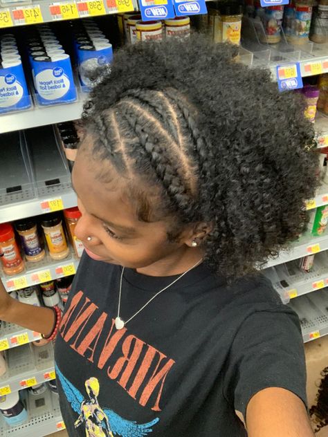 Cornrow Braid Out Natural Hair, Braids Into Natural Hair, 4 Braids In The Front With Hair Down, Braid Afro Hairstyles, 2 Braids With Puff Natural Hair, Scalp Braids On Natural Hair, Hair Styles Natural Hair Black 4c, Hair Styles Braids Natural, Natrual Black Girls Hairstyles Curly