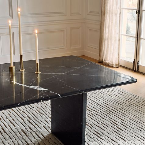 Modern Rectangular Dining Tables for Dining Rooms and Kitchens | CB2 Granite Dining Table Black, Black Wooden Dining Table, Black Stone Dining Table, Black Marble Table Dining, Black Marble Top Dining Table, Dining Room Marble Table, Black Dining Table Decor, Black Dinner Table, Marble Dining Table Design