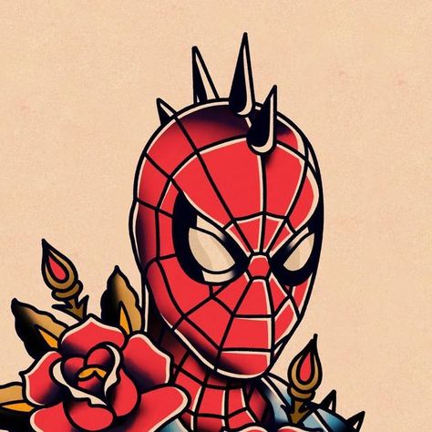 J a m e s S h a n n o n on Instagram: "Spider-Punk commissioned tattoo design 🤘🕸 - inspired by classic Sailor Jerry and Ed Hardy flash. ———————————————— #oldschooltattz #oldschooltattoos #spiderman #spidermantattoo #spiderpunktattoo #spidermantattoos #marveltattoo #marveltattoos #comicbookart #boldwillhold #rosetattoo #nowayhome #intothespiderverse #spidermanart #traditionalartist #americantattoo #spiderwebtattoo" Spidey Sense Tattoo, Old School Marvel Tattoo, Spiderman Flash Tattoo, Spider Man Traditional Tattoo, Traditional Spiderman Tattoo, American Traditional Spiderman Tattoo, Spider Punk Tattoo, Marvel Traditional Tattoo, Spider Man Tattoo Design