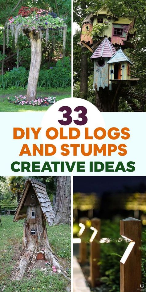 Enhance your garden with a rustic feel through creative DIY projects using surplus logs and stumps. Utilize an old log as a one-of-a-kind plant stand by excavating the center, filling it with soil, and planting your favorite flora. Craft an enchanting fairy garden by arranging minor stumps and logs, enhancing them with mini embellishments and plants. Repurpose a sizable stump into an imaginative mushroom sculpture by painting its top red adorned with white polka dots. Decorative Tree Stump Ideas, Large Stump Ideas, Tree Stump Sculpture, Forest Sculpture Art, What To Do With A Tree Stump, What To Do With Tree Stumps, Large Tree Stump Ideas Outdoor, Creative Tree Stump Ideas, Large Tree Stump Ideas