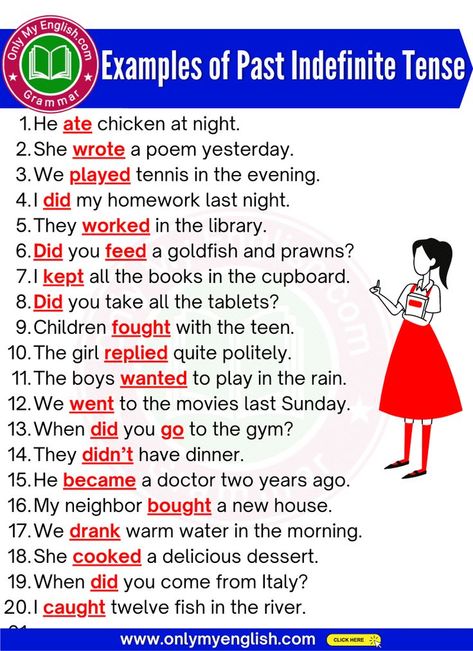 Past Perfect Tense Examples, Past Tense Reading Comprehension, Past Tense Examples, Past Indefinite Tense Sentence, Past Indefinite Tense, Verb Examples, Basic English Sentences, Picture Comprehension, English Language Learning Grammar