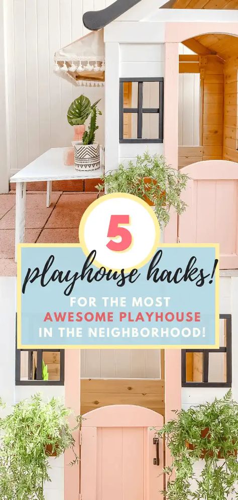 5 Easy Upgrades to Create an Awesome Playhouse! •Playhouse Makeover + Hacks• - Tiffanie Anne Blog Cafe Playhouse, Wood Playhouse Makeover, Kids Table Diy, Playhouse Cafe, Playhouse Interior Ideas, Painted Playhouse, Inside Playhouse, Diy Kids Playhouse, Playhouse Interior