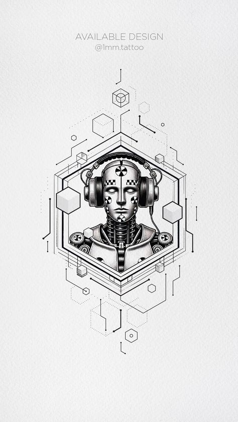 Fine line geometric tattoo of a crash test dummy wearing headphones, surrounded by hexagonal shapes and electronic circuit accents, symbolizing sound testing and technology. Line Geometric Tattoo, Fine Line Geometric Tattoo, Geometric Universe Tattoo, Technology Tattoo, Crash Test Dummy, Concept Tattoo, Electronic Tattoo, Crash Test Dummies, Universe Tattoo