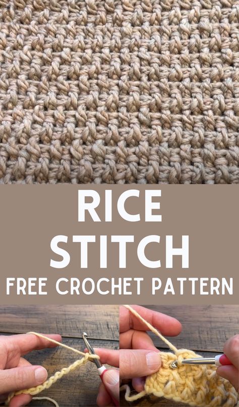 Crochet Rice Stitch Mini Basket Weave Crochet Stitch, Lattice Crochet Pattern, Relief Stitch Crochet, Rice Stitch Crochet Blanket, Dense Crochet Stitch, New Crochet Stitches, Texture Crochet Stitches, Crochet Rice Stitch, Textured Crochet Stitches