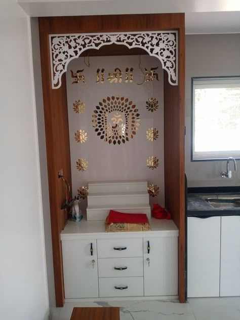 Pooja Room With Kitchen, Furniture Temple For Home, Pooja House Design, Puja Room In Kitchen, Devghar In Kitchen, Temple In Kitchen Design, Pooja Room In Kitchen, Small Pooja Room Ideas In Kitchen, Pooja Room In Kitchen Ideas