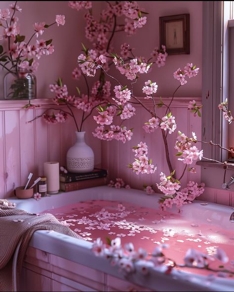 Flower Bath Aesthetic, Onsen Aesthetic, Coquette Cottagecore Aesthetic, Pink Bathtub, Romantic Room Surprise, Pink Tub, Room Surprise, 50 Shades Of Pink, Bath Aesthetic