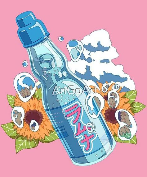 Drink Art Aesthetic, Japanese Drinks Aesthetic Drawing, Bottle Aesthetic Art, Drinks Aesthetic Drawing, Ramune Soda Aesthetic Drawing, Water Drawing Aesthetic, Ramune Soda Drawing, Soda Bottle Illustration, Soda Character Design