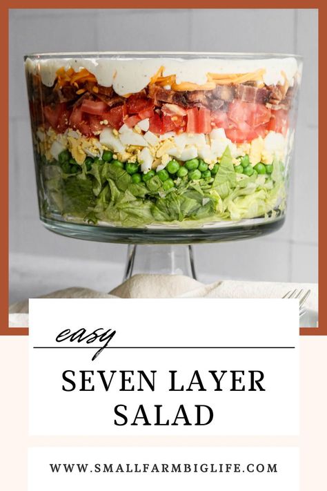 This classic recipe for seven layer salad has a delicious dressing and is easy to make. This is the best healthy salad with sour cream and mayo in the dressing. This traditional recipe is gluten free and just like the old fashioned seven layer salads I remember growing up. 6 Layer Salad, Salad Casserole Recipe, Trifle Salad Recipes, 5 Layer Salad, Betty Salad Recipes, 5 Layer Salad Recipe, Healthy Layered Salad Recipes, Easy Seven Layer Salad, 24 Hour Salad Recipe