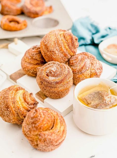 Cinnamon Sugar Cruffins - Table for Two® by Julie Chiou Lemon Chia Seed Muffins, Pastry Recipes Dessert, Cruffin Recipe, Cinnamon Sugar Muffins, Christmas Morning Brunch, Puff Pastry Recipes Dessert, Whole Wheat Muffins, Cinnamon Waffles, Pastries Recipes Dessert