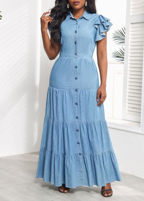 Jeans Dresses For Women, Collar Maxi Dress, Denim Dress Outfit, Short Sleeve Maxi Dress, Ruffle Maxi Dress, Denim Inspiration, Short Sleeve Maxi Dresses, Night Wedding, Party Dinner