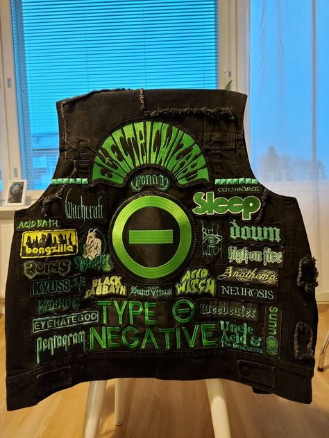 Current state of my green vest. : r/BattleJackets Green Battle Jacket, Battle Jacket Back Patch, Green Goth Aesthetic, Goth Battle Jacket, Clothing Room Ideas, Battle Vest Ideas, Battle Jacket Ideas, Clothing Room, Crust Pants