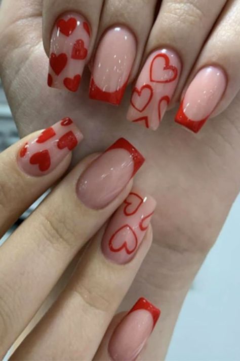 Valentines Nail Inspo Red, Short Square Valentines Nails Red, Valentines Day Nails Square Medium, Valentine’s Outfit Women, Spring Nail Art 2024, Fun Valentines Nails, Cute Nails For Valentines Day, Gel Nails Square, Neon Glow Nails