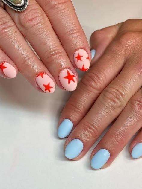 4th of July nails with stars 4th Nails, Patriotic Nails Design, Patriotic Nails, Usa Nails, Fourth Of July Nails, Milky Nails, 4th Of July Nails, Summery Nails, July Nails