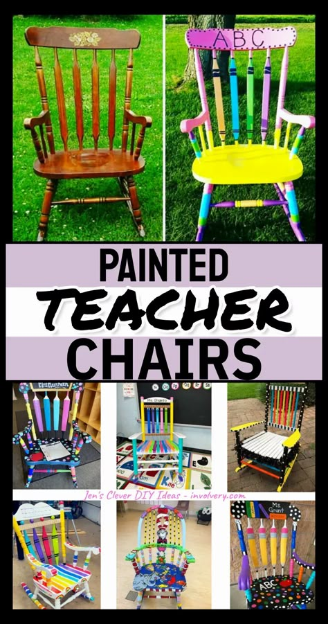 Pencil Rocking Chair, How To Refurbish A Chair, Old School Chairs Ideas, Teacher Rocking Chair Painted Rainbow, Diy Classroom Chairs, Painting Chairs Ideas, Teacher Furniture Ideas, Reading Chair Classroom, Paint Bench Ideas