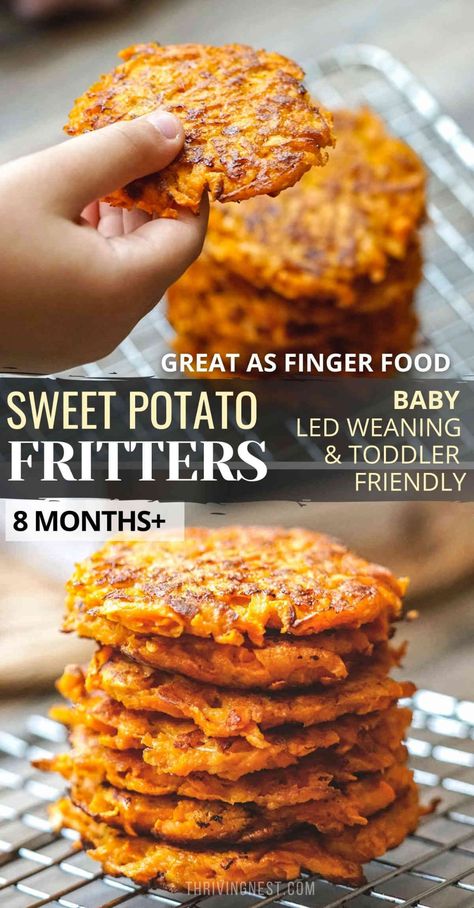 Sweet Potato Fritters (Latkes) For Babies & Toddlers - ThrivingNest Sweet Potatoes For Baby, Food For Babies, Sweet Potato Patties, Sweet Potato Fritters, Weaning Foods, Easy Baby Food Recipes, Potato Fritters, Baby Led Weaning Recipes, Healthy Baby Food