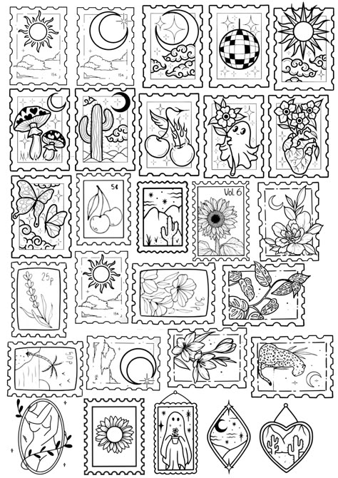 Sticker Book Sleeve Tattoo, Font Writing Ideas, Bee Stamp Tattoo, Stamp Sleeve Tattoo, Art Frame Tattoo, I Letter Tattoo, Letter O Drawing, Stamp Painting Ideas, Patchwork Tattoo Stencil