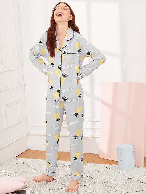 Pineapple & Letter Print Pajama Set -SHEIN(SHEINSIDE) Night Wears Pajamas, Night Suits Pajama Set Design, Cute Night Suits For Women, Girls Night Suits Design, Night Pajamas For Women, Night Suits For Women Pajama Set, Night Suit Designs For Women, Night Dress For Girl, Cute Night Suit