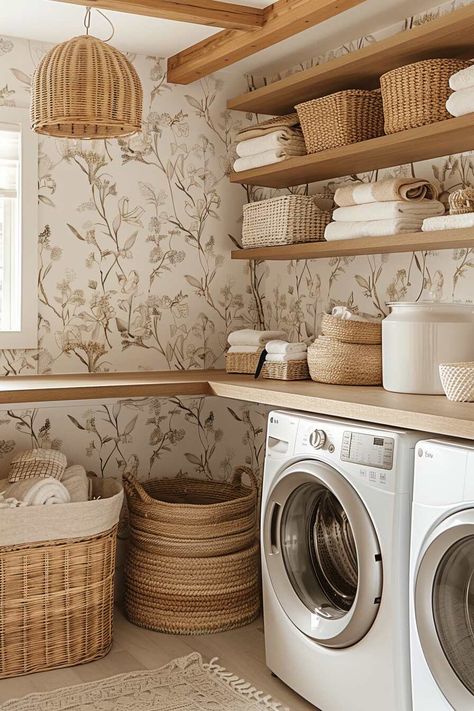 21 Eye-Catching Laundry Room Mural Ideas You Need to See - Home Made Graceful Laundry Room Closet Ideas, Room Closet Ideas, Laundry Room Decor Ideas, Vstupná Hala, Laundry Room Tile, Room Accent Wall, Dream Laundry Room, Laundry Room Wallpaper, Laundry Room Closet