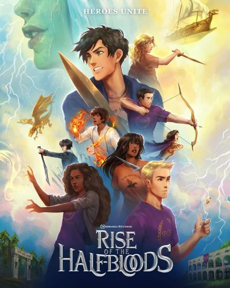 ✦ mage on Instagram: "Heroes of Olympus Poster for @cosmiccowzine! Yes, Rise of the Half-bloods is a reference to Rise of the Guardians 👀✨ It was such an amazing experience to work w this STUNNING team! Check out preorders the Olympus: a PJO Fanzine Winter edition for this poster and much more pjo content! #pjo #hoo #percyjackson #cosmiccow #cosmiccowzine #rickriordan #heroesofolympus #percyjacksonfanart #drawing #digitalart #book #bookart #bookish" Pjo Poster, Heroes Of Olympus Characters, Percy Jackson Comics, Percy Jackson Wallpaper, Zio Rick, Jason Grace, Percy Jackson Fan Art, Percy Jackson Characters, Rise Of The Guardians