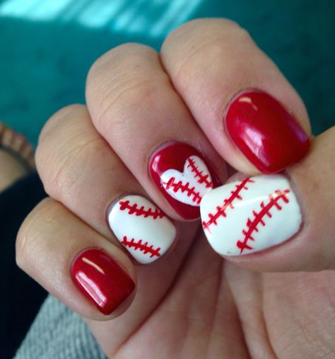 Pink Baseball Nails, Black And Red Baseball Nails, Baseball Nail Art Designs, Red Baseball Nails, Baseball Mom Nails, Softball Nail Ideas, Baseball Nails Design Mom, Braves Nails, Baseball Nail Designs