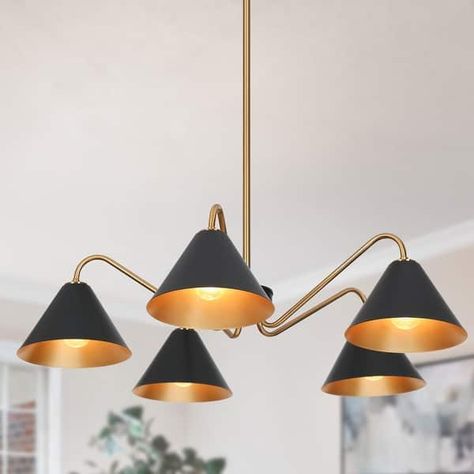 Modern Farmhouse 5-Light Black Gold Wagon Wheel Chandelier Pendant Lighting for Dining Room - D27" x H6.5" - On Sale - Bed Bath & Beyond - 36645549 Breakfast Nook Chandelier Modern, Minimalist Chandelier Dining Room, Brass Chandelier Dining Room, Brass And Black Chandelier, Gold Wagon Wheel Chandelier, Black Chandelier Dining Room, Black And Brass Chandelier, Black And Gold Chandelier, Nook Inspiration